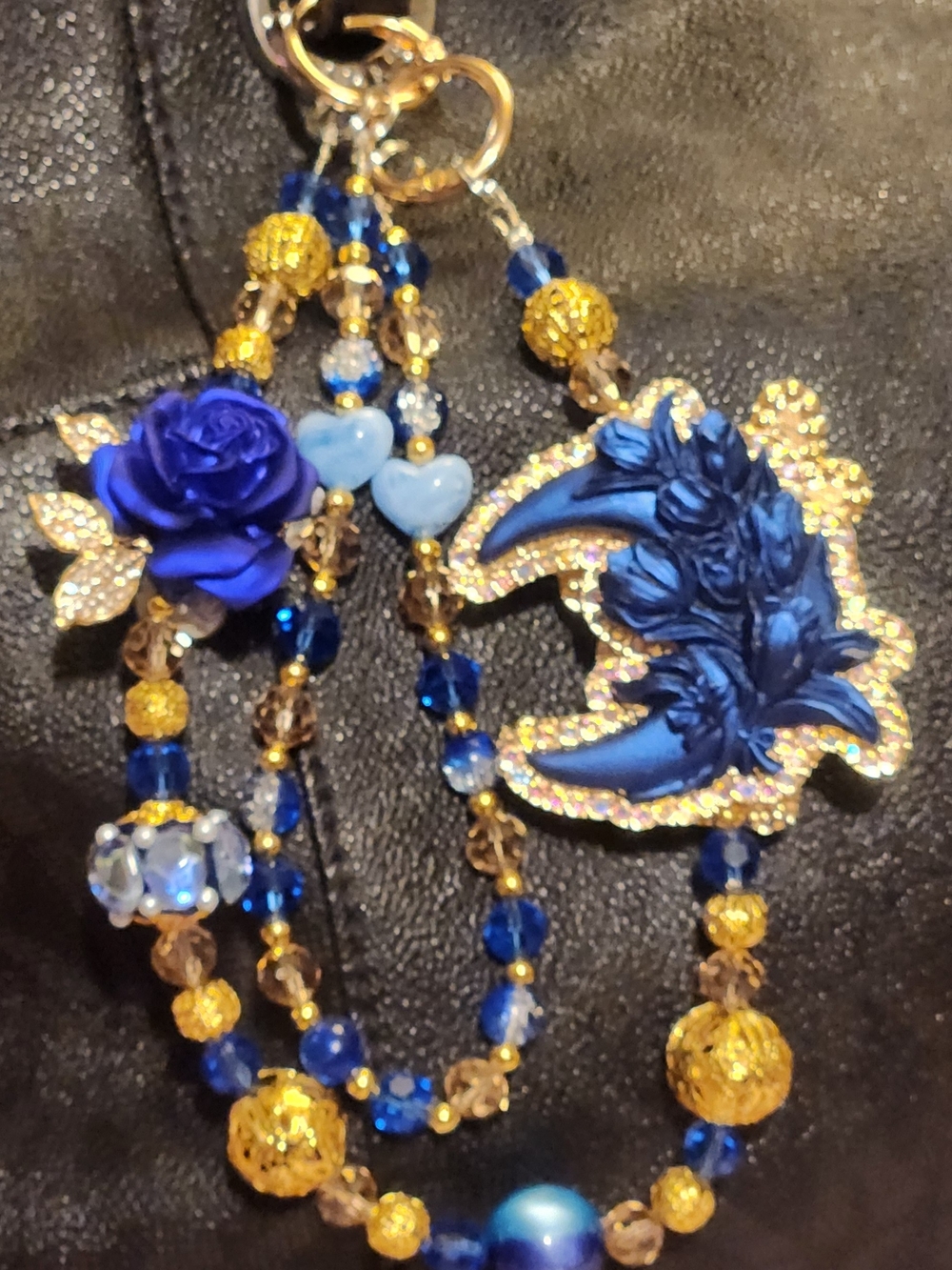 Blue Floral Crescent Moon Purse/Phone Charm